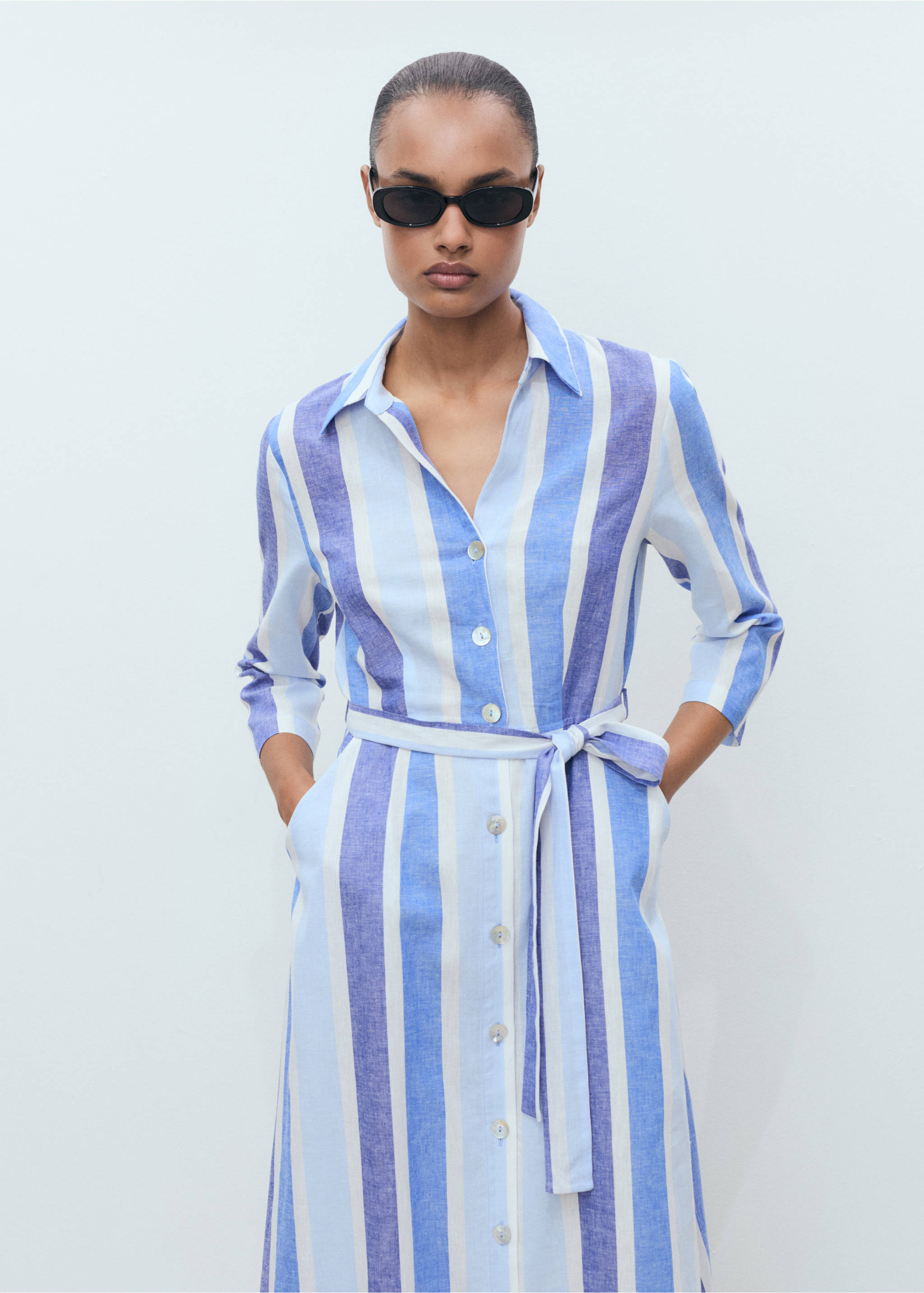 Belted striped shirt dress - Medium plane, Blue. Ref: 87128647-00.