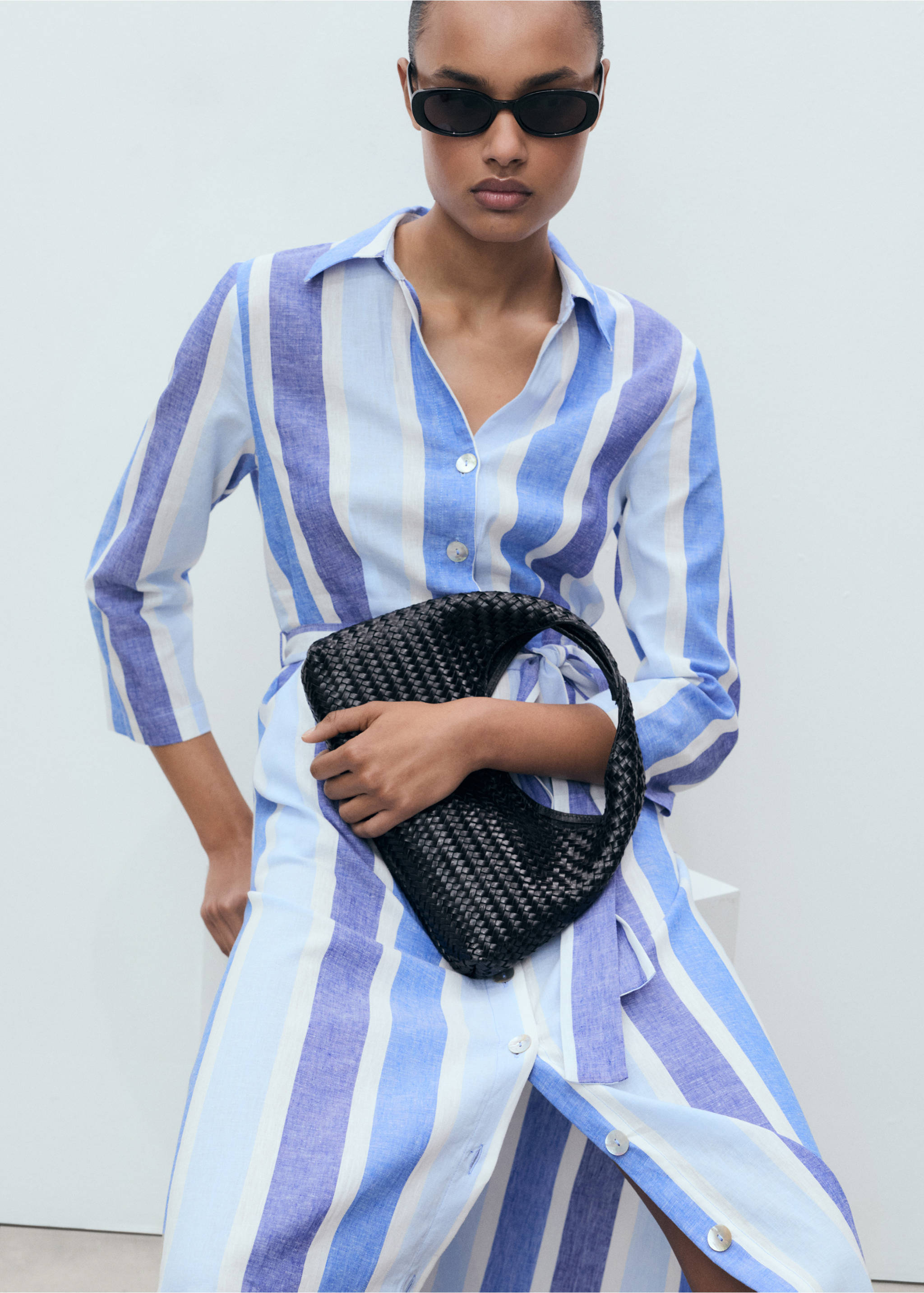 Belted striped shirt dress - Details of the article 2, Blue. Ref: 87128647-00.