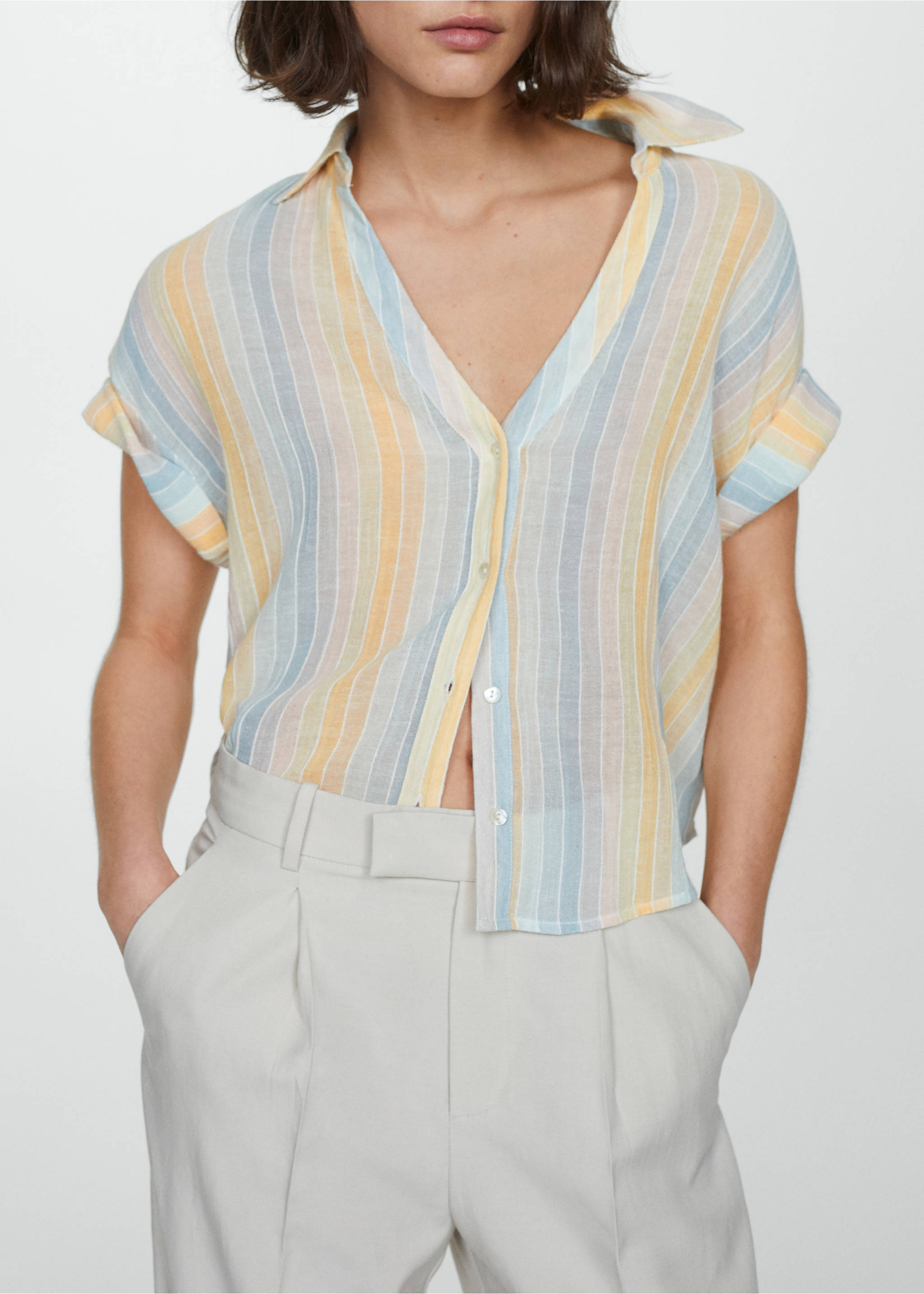 Semi-transparent striped shirt - Details of the article 3, Pastel Yellow. Ref: 87158639-00.