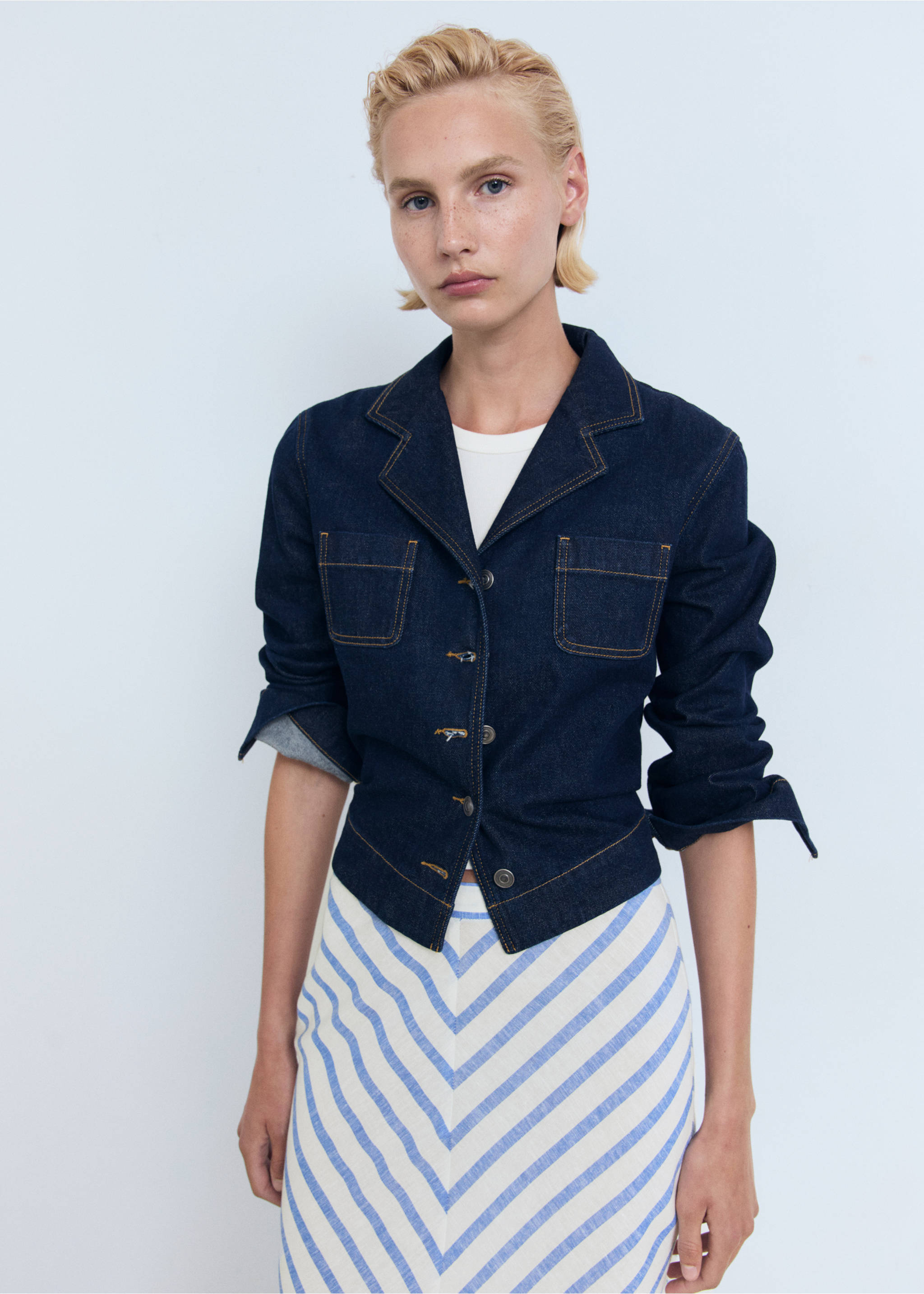 Striped linen-blend skirt - Details of the article 2, White. Ref: 87158642-00.