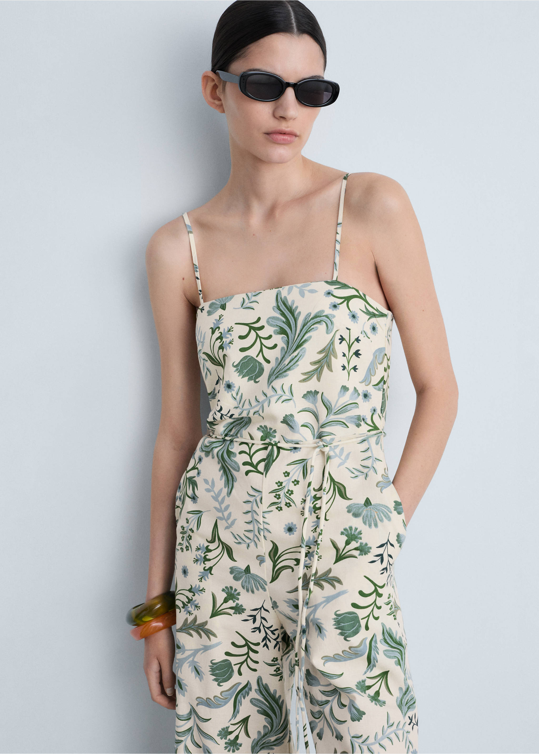 Printed jumpsuit with bow - Medium plane, Ecru. Ref: 87168641-00.