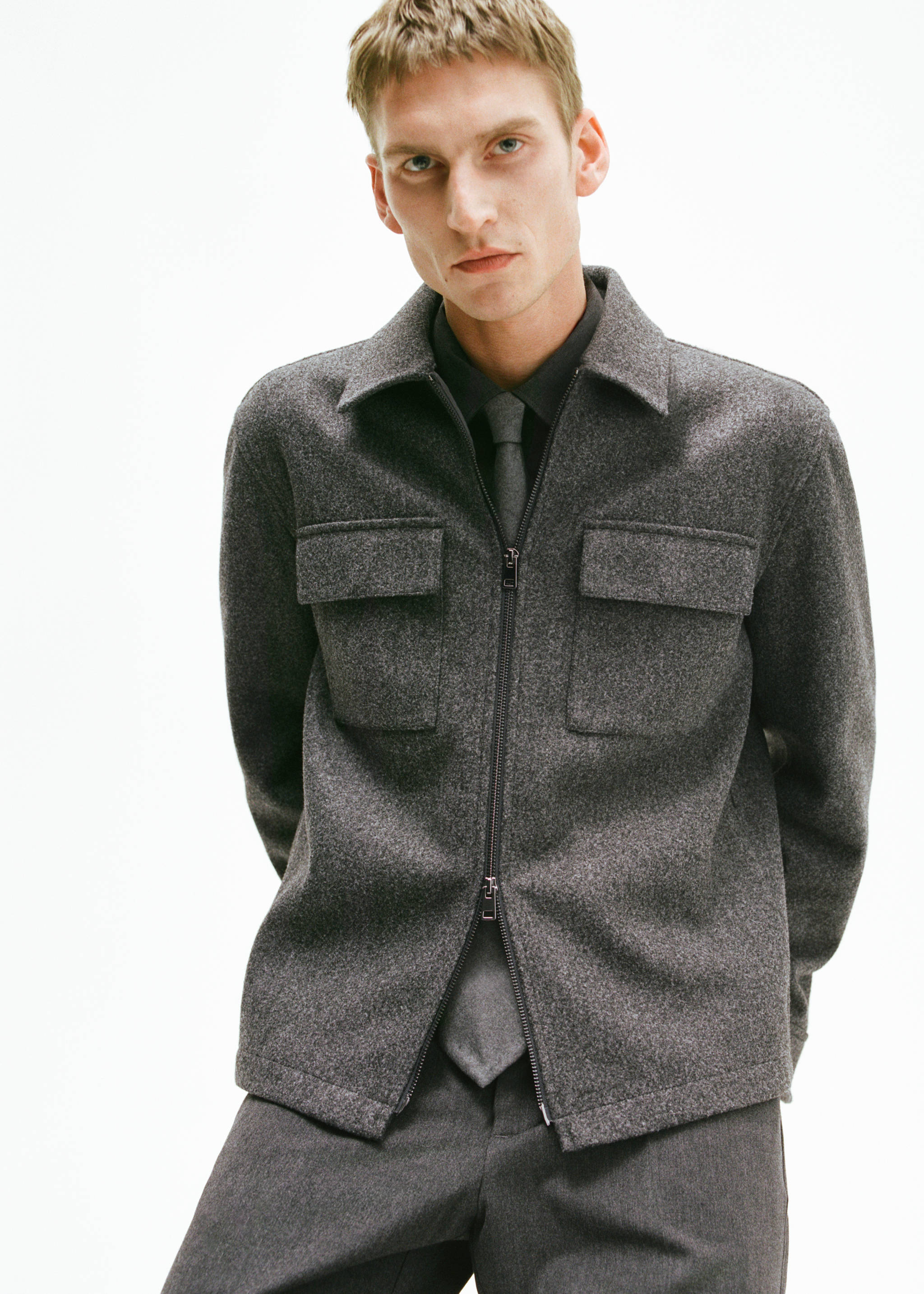 Regular-fit flannel jacket with pockets - Details of the article 3, Dark Heather Grey. Ref: 87930595-00.